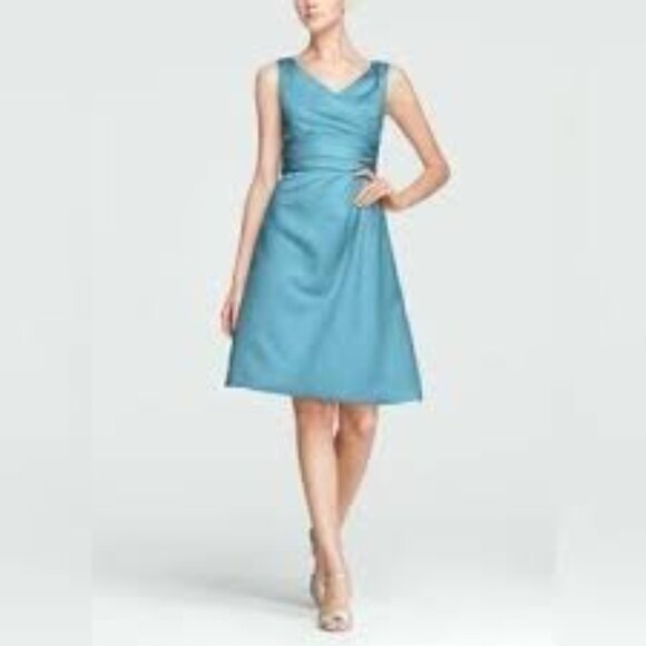 David's Bridal 83168 Short Satin Off-the-Shoulder A-Line Teal Blue Dress Size 2 - Picture 1 of 7